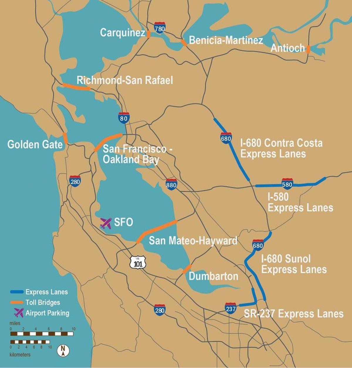 az útdíjas utakat, San Francisco térkép
