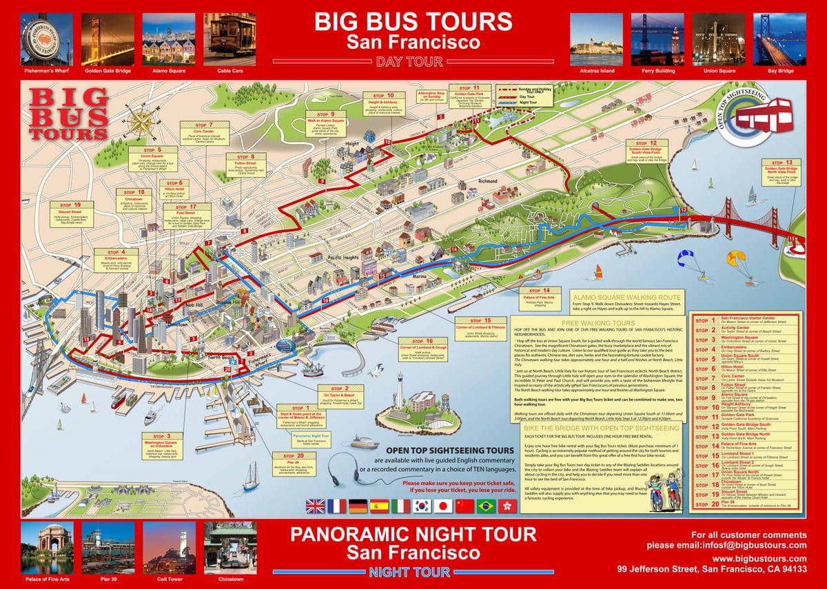 nagy piros busz, San Francisco térkép